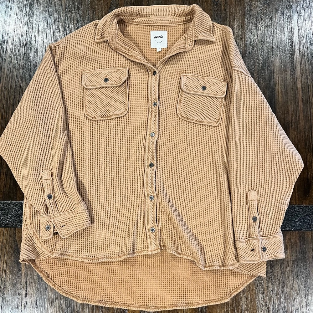 Aerie brown Button-Up Waffle Knit Shirt